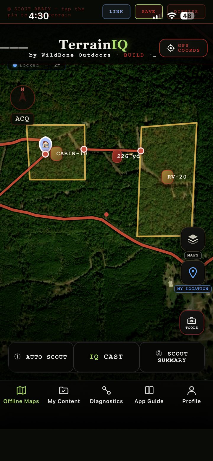 TerrainIQ offline map with property parcels and stand markers